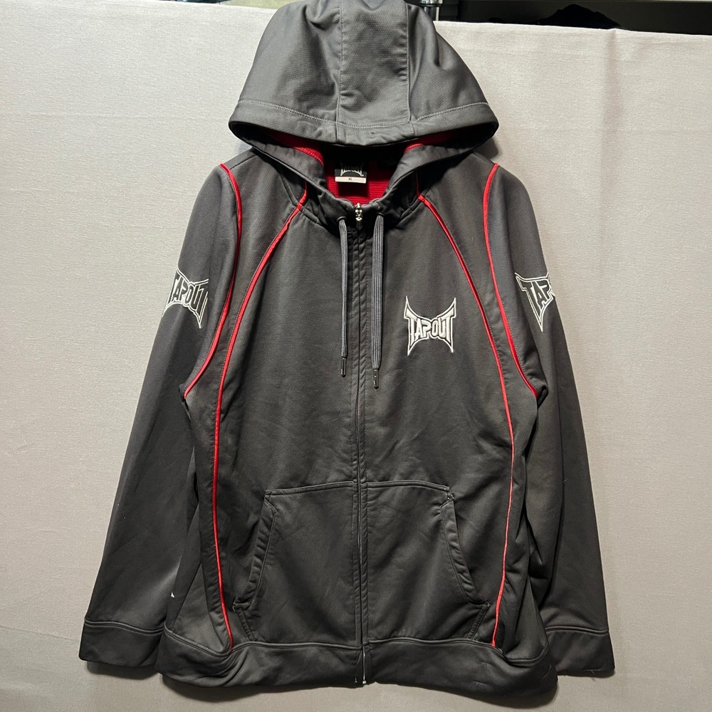 Tapout Mens XL Full Zip Hoodie Gray Red Piping MMA Waffle Knit Hood Sweatshirt
